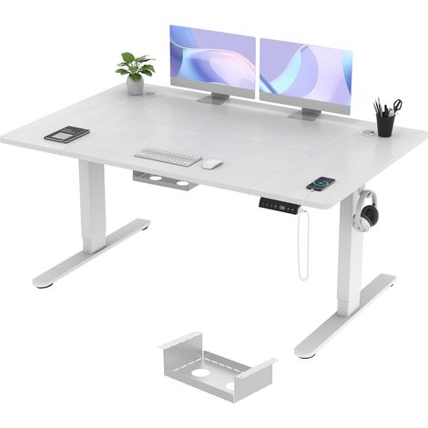 Bureau assis debout réglable 140 x 80 cm, hauteur 72-118 cm, 3 mémoires, blanc (1/5)