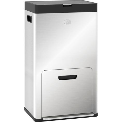 56L Triple Compartment Stainless Steel Kitchen Bin, with Deodoriser Holders and Wheels - Silver Tone (1/5)