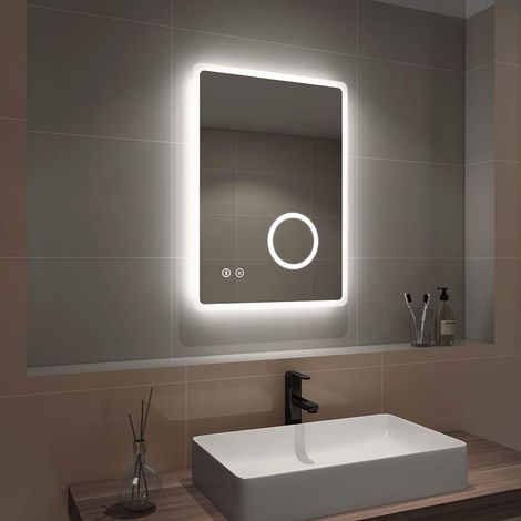 EMKE Backlit Illuminated Bluetooth Bathroom Mirror with Shaver Socket Wall Mounted LED Bathroom Vanity Mirror, Anti Fog, 3-Fold Magnification, 500x700mm (1/5)