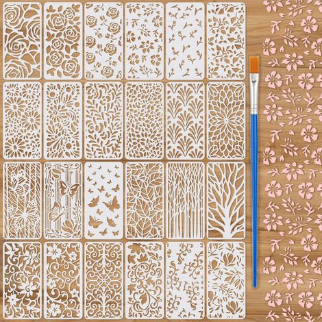 24 pochoirs à papillons végétaux pour peinture, pochoirs à fleurs pour loisirs créatifs réutilisables avec 1 pinceau, ensemble de muraux pour peinture en spray DIY(9.4  4.7in) (1/5)