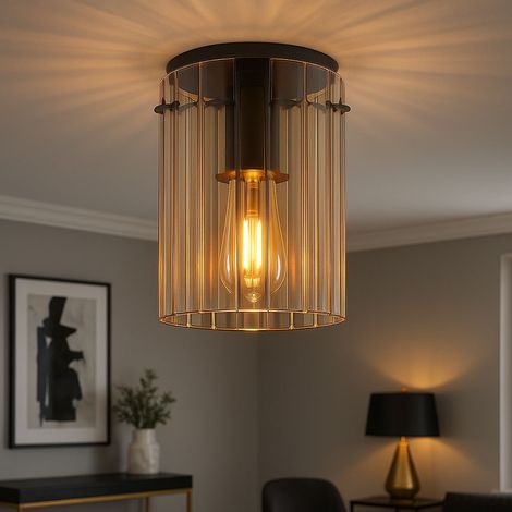 Plafonnier LED Rétro Lampe de salon verre rainuré Plafonnier ambre Lampe de couloir, 1x 7W 806Lm blanc chaud, DxH 18 x 23 cm