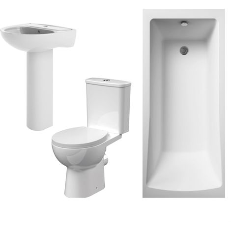 1700mm Bathroom Suite with Square Single Ended Bath Tub, Front Panel, 1 Tap Hole Basin and Pedestal - Toilet and Seat, Gloss White