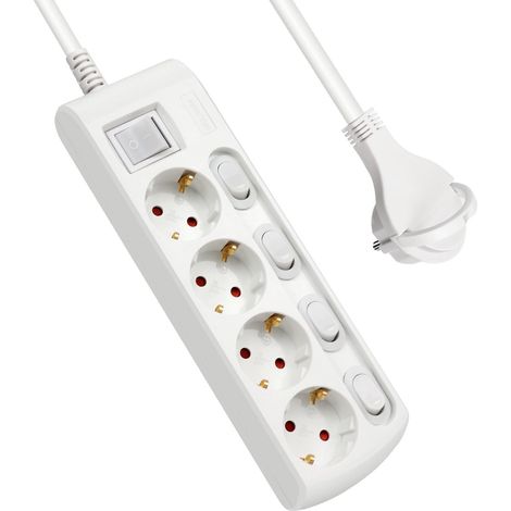 Multiprise avec 4 prises + 4 interrupteurs individuels, 1 interrupteur principal, câble 1,5 m, fiche plate pour la maison, le bureau et les voyages, 16 A, 250 V, 3680 W, blanc (1/5)
