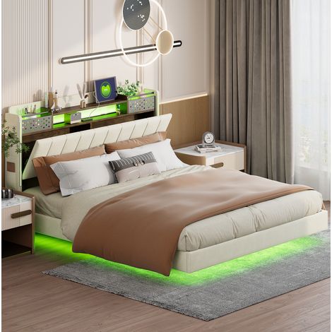 Lit rembourré moderne 160x200 cm beige, avec tête de lit rangement, USB, LED et sommier à lattes (1/5)