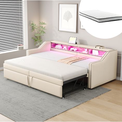 Canapé convertible 90/180 x 200 cm, USB, beige HAVRYA (1/5)