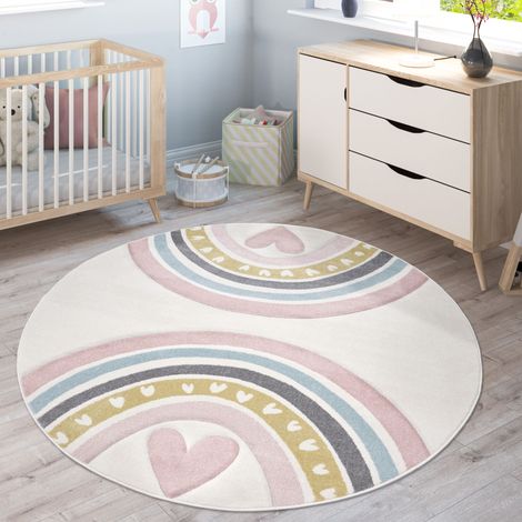 Paco Home Kinderteppich Teppich Kinderzimmer Junge Mädchen Regenbogen Herz 3D Creme Rosa 160 cm Rund