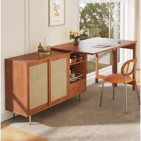 Bartisch 187x40x76 cm Braun MDF drehbar und erweiterbar mit Rattantür (1/5)