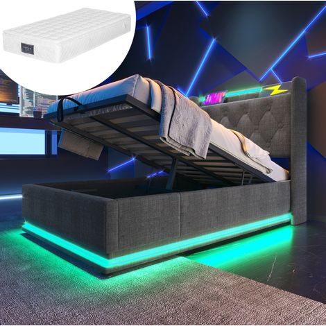 Cama 90x200 cm gris tapizada en lino - LED, USB-C y arcón hidráulico (1/5)