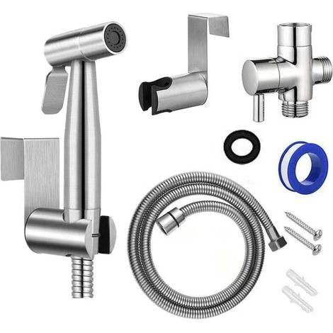 Pulvérisateur bidet pour toilettes, douchette double mode (jet / stream), avec curseur et contrôle de la pression, il est en acier inoxydable, avec valve G1/2" (1/4)