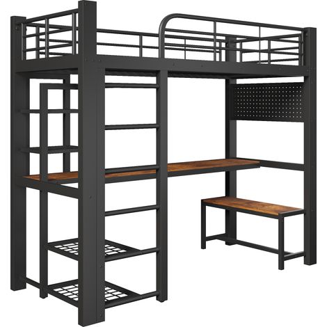 GagaLit mezzanine 90x200 cm métal noir avec LED, bureau et rangements (1/5)