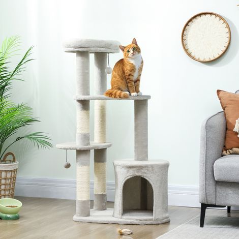 Kratzbaum 114 cm Katzenturm mit Höhle, Sisalstämme, Plattform, mehrstöckig ür mittelgroße Katzen unter 6 kg, Hellgrau