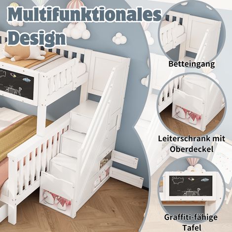 Lit superposé pour enfants, lit double multifonction, avec tableau ardoise et rangements tiroirs, sans matelas, blanc, dimensions 90x200 + 140x200 (1/5)