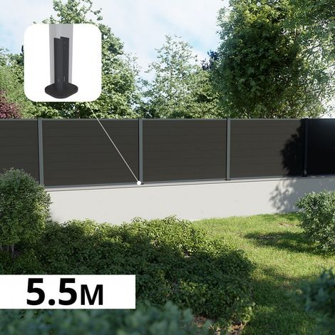 Kit Clôture Composite sur Muret RIO Anthracite 5,5x1,2m - Bois composite & Aluminium - Poteaux sur Platines Gris - Brise vue (1/5)