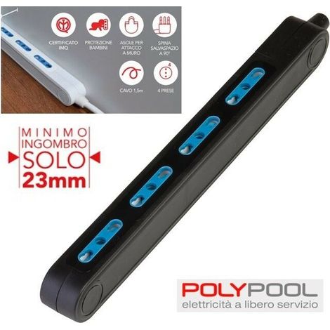 POLY POOL - PP2422.2X Ciabatta Multipresa Elettrica SPAZIOZERO 3500W 4 Prese Bivalenti 10/16A 2P+T - Multipresa Superslim 23mm - Ciabatta Multipresa con Asole per Fissaggio a Parete - Nera Senza Cavo (1/5)