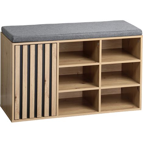 Meuble à chaussures bois décor chêne - Assise coussin gris - 76 x 29.5 x 48 cm - Livraison gratuite