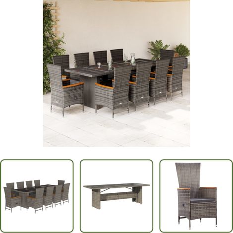 Gartentisch - 11-tlg. Garten-Essgruppe mit Kissen Grau Poly Rattan (1/5)