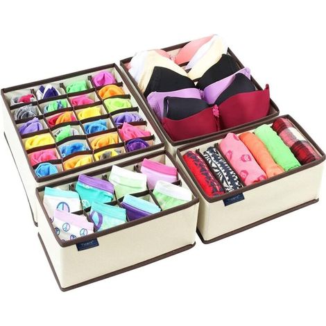 Set of 4 foldable drawer storage boxes (for underwear, socks, ties, scarves and handkerchiefs) with dividers (1/5)