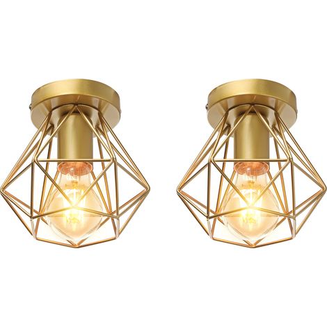 2x Pendelleuchte Antik, Ø16cm Mini Diamant-Form Kronleuchter, Vintage Hängelampe mit Käfig für Wohnzimmer Schlafzimmer Esszimmer Gold