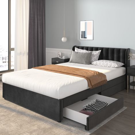Lit tapissé 160/200 cm noir en velours avec 2 tiroirs et sommier à lattes (1/5)