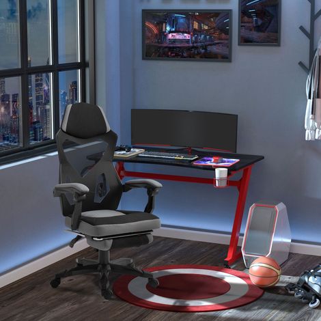 Sillón reclinable de altura regulable para oficina en casa con reposapiés retráctil y respaldo de malla - Gris (1/5)
