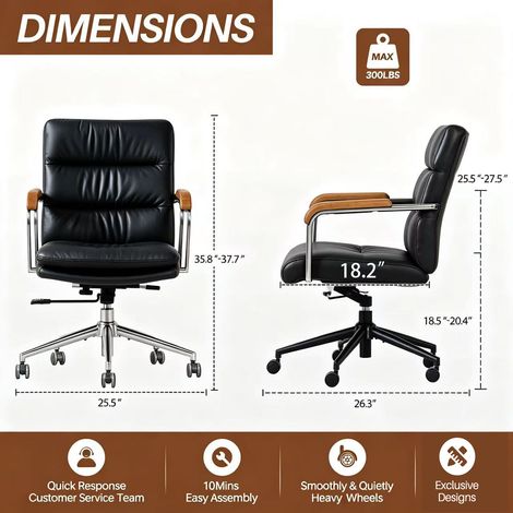 Chaise de bureau ergonomique en cuir avec roulettes et accoudoirs en chêne, fauteuil roulant réglable en hauteur avec fonction pivotante pour cadres. (1/4)