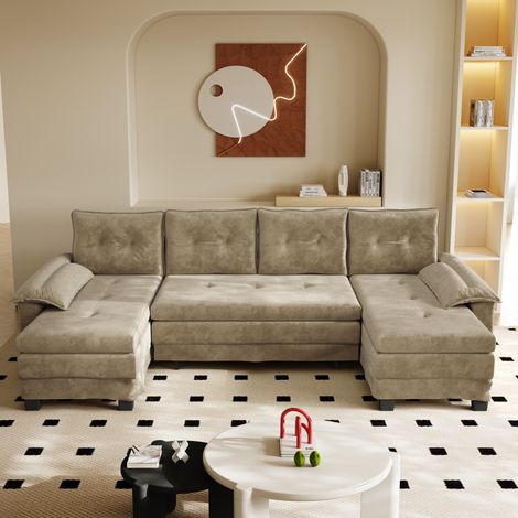 Canapé cama modular en U de chenilla camel con USB y reposabrazos desmontables, 278x127x87 cm (1/5)