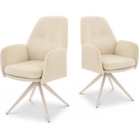 Bon Furni Chaises 360° Pivotantes Velours Blanc crème Pieds Blancs, Lot de 2