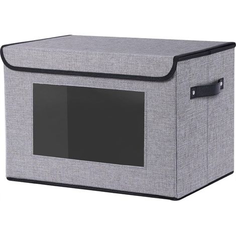 1 Boîte de rangement pliable, fenêtre transparente, poignées renforcées, lin et non-tissé, 38x25x25cm, pour vêtements et livres