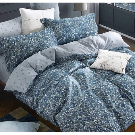 Housse de Couette réversible en Coton 600 Fils au Pouce carré, Motif Floral Cachemire Bleu et Vert, pour Grand lit (1/5)