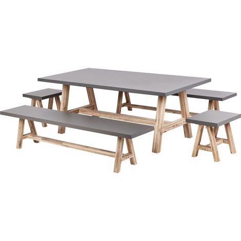 Set da pranzo da giardino tavolo da pranzo in fibra di cemento e legno d'acacia con sgabelli e panche 8 posti Grigio Tonnare