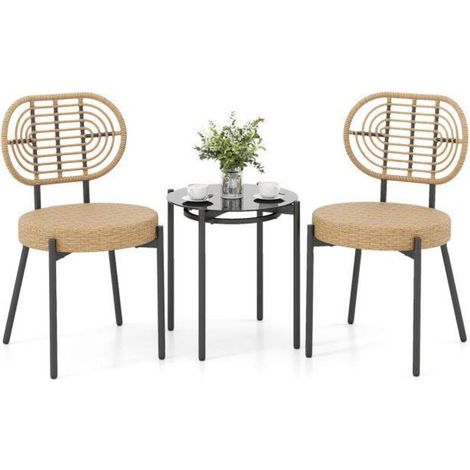 Facile à Monter Salon de Jardin Bistro 3 Pièces avec Table Basse Verre Trempé et 2 Chaises Résine Tressée pour Balcon (1/5)