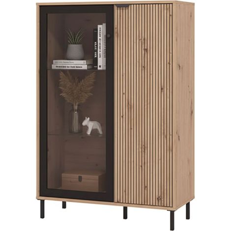 Vitrina Elva, Mueble Expositor 5 Estantes, Puerta Abatible, 2 Puertas, 93x40x137.5h cm Roble Marrón Nudos