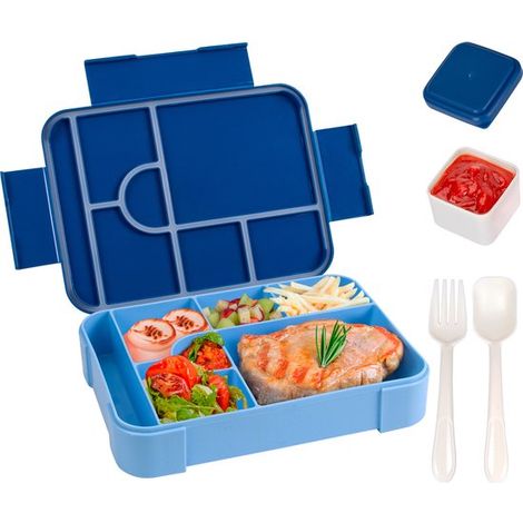 Kinder Lunchbox 1330 ml mit Fächern Auslaufsichere Lunchbox mit Besteck Mikrowellengeeignet Für Schule und Kindergarten Blau (1/5)