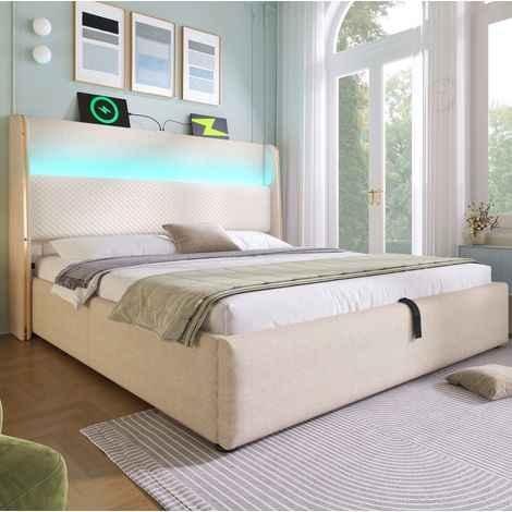 Cama doble para adultos 140x200 cm de madera y lino beige, con almacenaje y colchón FloraGrace (1/5)