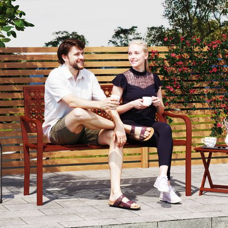 Banc d'extérieur. Banc de jardin en acier. Dossier ajouré. Accoudoirs. Pour 2 personnes. Rouge.