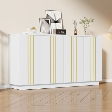 Buffet avec 4 Portes - Design Élégant avec Détails Dorés - 4 Compartiments de Rangement - Surface Résistante à l'Usure - Idéal pour Salon, Hall et Salle à Manger - 35x140x70 cm - Blanc et Doré (1/5)