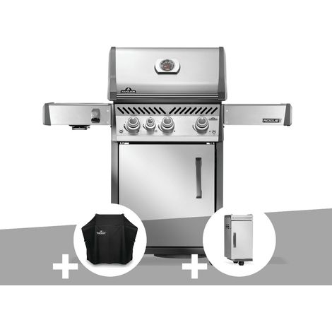 Barbecue à gaz Rogue PRO inox 3 brûleurs + 1 sizzle zone + Housse + Meuble rangement sous tablette - Napoléon