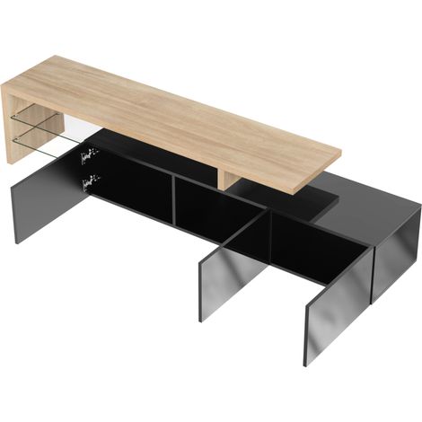 Meuble TV moderne avec LED multicolores, finition noir brillant et imitation bois, 197,5 cm (1/5)