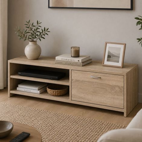 Mueble para TV Lihamo, un cajón, 2 estantes, 2 compartimentos, 120x39x31h cm Roble Marrón (1/3)