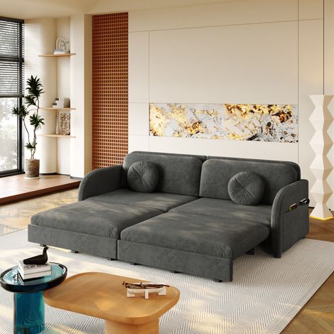 Divano letto estraibile 206x84x90 cm in ciniglia grigia con contenitore FloraGrace (1/5)
