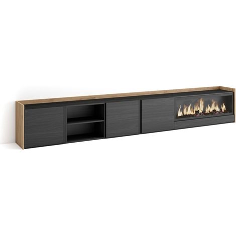 Skraut Home - Mueble TV, Televisión, Muebles de salón, almacenaje, 315x35x50cm, Para TV hasta 80", Chimenea eléctrica XXL, Estilo Moderno, Negro y roble (1/5)