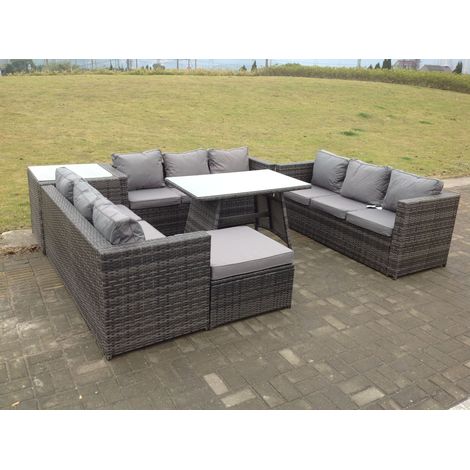 Fimous Outdoor Rattan Garden Furniture Lounge Sofa Set With Oblong Dining Table Side Coffee Table And Big Footstool (1/3)