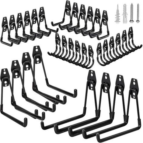 Kit 32 Crochets Rangement Garage Acier Robuste Support Mural Universel Vélos, Échelles, Outils Jardin Pack Gain de Place, Charge Lourde & Antidérapant Noir - Lot noir (1/5)