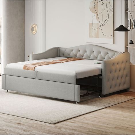 Letto imbottito 90x200 cm grigio in lino con USB e rete a doghe (1/5)