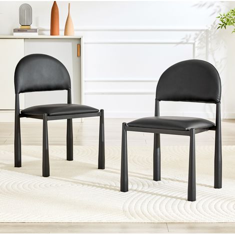 Set aus 2 Esszimmerstühlen, gepolsterte halbrunde Rückenlehne, Metallbeine, PU Leder, Schwarz (1/5)