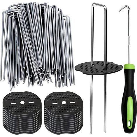 Ensemble de 101 piquets de sol - Piquets en U - Piquets de tente - Ancrages de jardin - 15 cm (calibre 11) - 50 piquets en U, 50 anneaux de fixation et 1 crochet - Pour toile de paillage, bâche et fix (1/5)