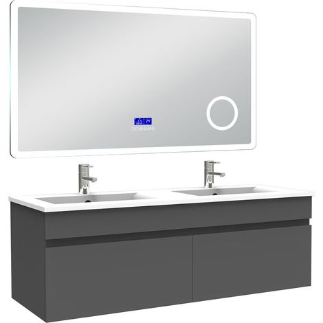 Ocean Ensemble meuble 120 cm, lavabo céramique double + Miroir salle de bain Bluetooth avec 3 couleurs dimmable, anthracite à suspendre