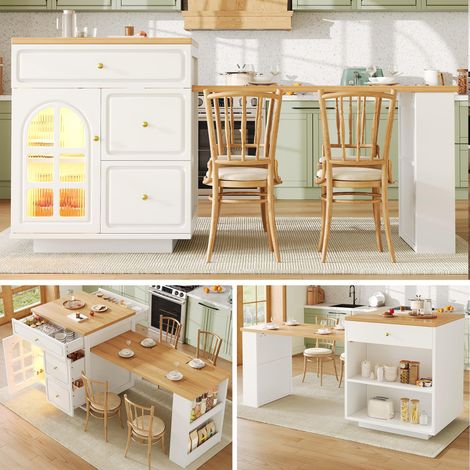 Îlot central de cuisine extensible avec tiroirs et vitrine en verre, plan de travail réglable de 122,5 à 195,5 cm, meuble de rangement multifonction pour cuisine et salle à manger,blanc