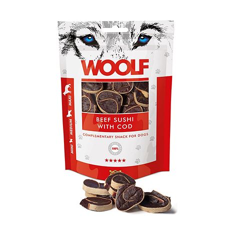 Biscotti per cani Woolf Sushi Manzo Merluzzo Mini Medio Maxi razze 100g