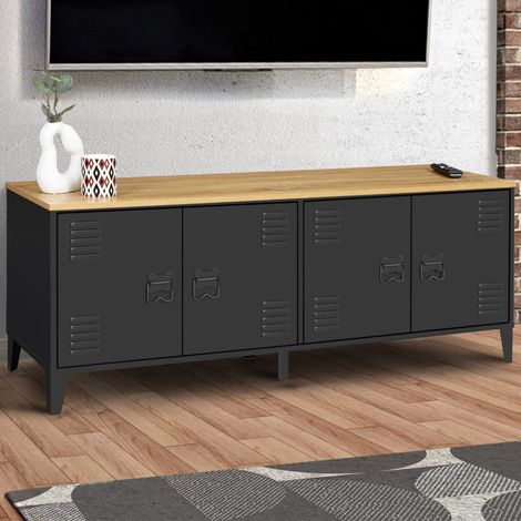 ESTER Aparador bajo de 4 puertas con tapa de metal negro y madera de diseño industrial 140 cm (1/5)